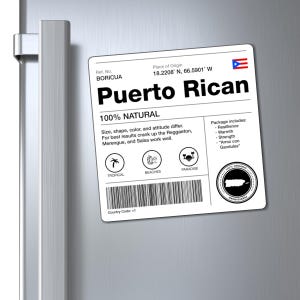 May include: A white label with black text that reads "Puerto Rican 100% Natural" with a small image of the Puerto Rican flag in the top right corner. The label also includes a list of ingredients and a small map of Puerto Rico.