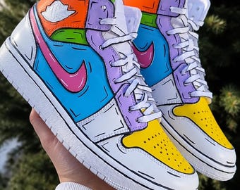Custom Cartoon Jordan 1 Mid Sneakers – Hand Painted Pop Art Color Block Shoes | Unique Streetwear Kicks - Custom Jordan 1s - Mens Jordans
