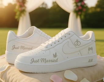Custom Wedding Shoes – “Just Married” Air Force 1s in Classic White – Personalized Wedding Sneakers for Brides and Grooms