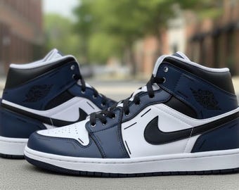 Custom Jordan 1s - Navy Blue Jordan 1s - Men’s Custom Jordan 1s - Blue Jordan 1 Sneakers - Hand Painted Custom Jordans - Streetwear Shoes