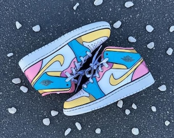 Jordan 1 Cartoon Sketch Edition | White Laces | Red, Blue, Yellow, Teal Cel-Shaded 2D Comic Book Art Sneaker | Authentic AJ1 Mid