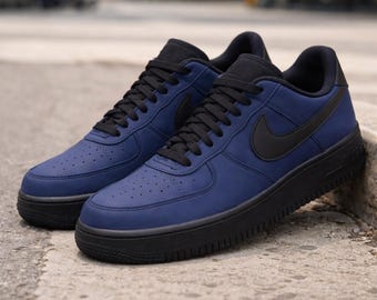 Custom Force 1s Navy Blue & Black Air Force 1 | Mens Blue Nike Air Force 1 - Custom Men's Air Forces 1s - Custom Premium Hand Painted