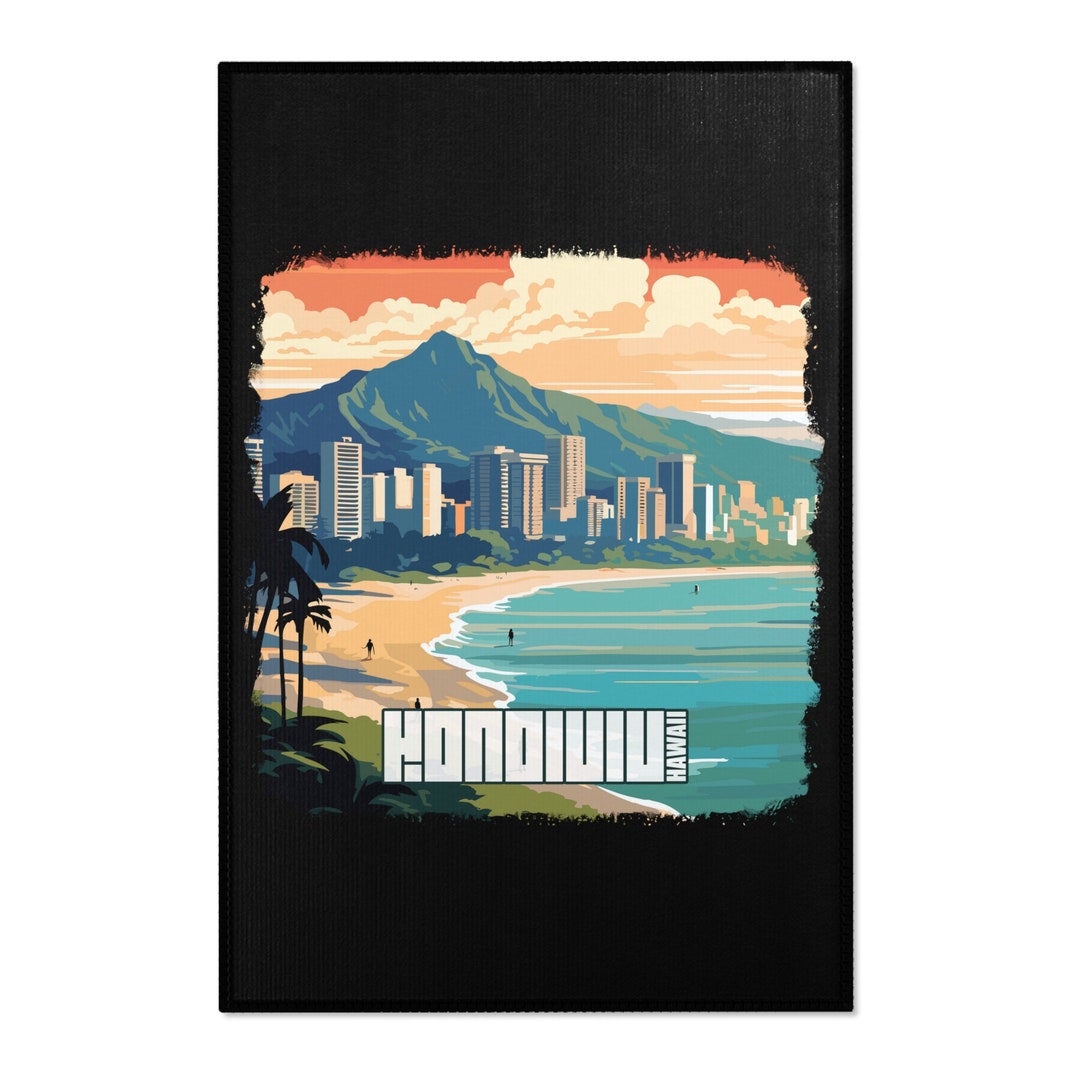 Honolulu Hawaii Beach Cityscape USA Area Rug Home Decor Dark Etsy