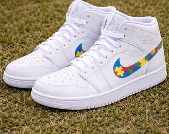 Custom Jordan 1 Autism Awareness - Jordan 1 Mid All White Bottom – Puzzle Swoosh