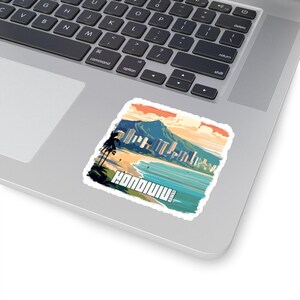 Honolulu hawaii beach cityscape usa stickers ( kiss-cut ) dark - etiqueta engomada
