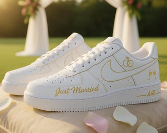 Custom Wedding Shoes – “Just Married” Gold Edition Air Force 1s – Elegant Personalized Sneakers for Brides and Grooms