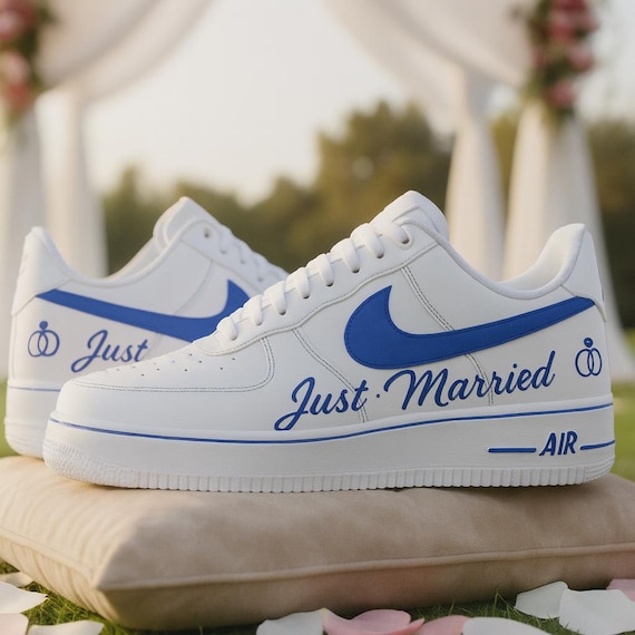 Custom Blue Wedding Shoes – Just Married Bridal Sneakers – Mens Groom Wedding Shoes – Personalized Bride Shoes with Rings Design
