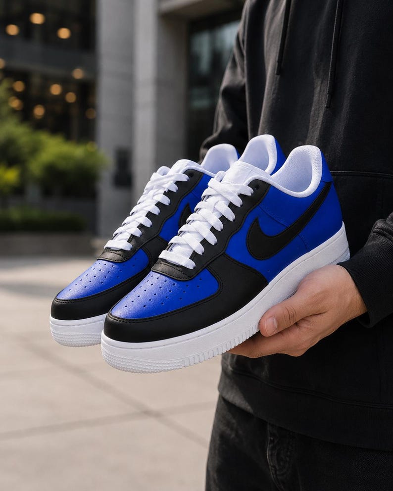 Zapatillas Air Force 1 personalizadas en azul y negro – Zapatillas AF1 personalizadas en azul real - Air Force 1 azules para hombre imagen 3
