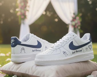 Custom Wedding Groom Air Force 1s – “Just Married” Navy Edition - Custom Wedding Sneakers - Wedding Gift - Bride and Groom Wedding Shoes