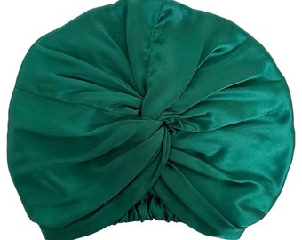 Emerald Mulberry Silk Sleep Cap | 100% Pure Mulberry Silk Hair Bonnet | Sleep Turban | Pure Silk Adjustable Bonnet | Silk Sleep Cap