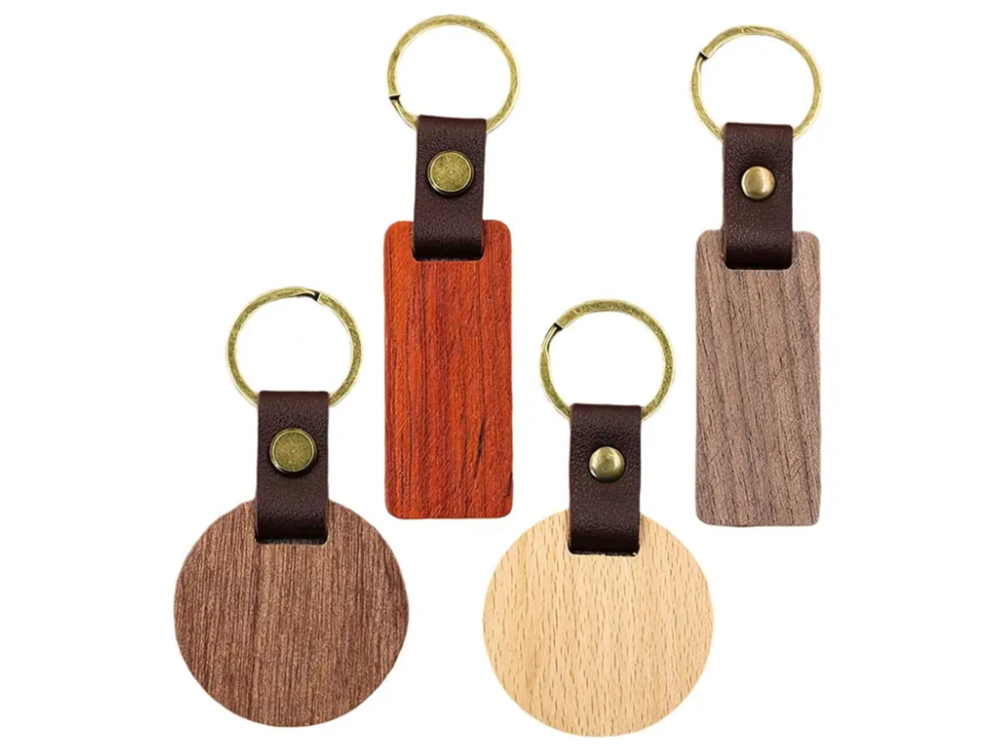 50 Pcs Leather Keychain Blanks Wooden Keychain Blanks Wood Keychain Blank  Unfinished Wood Tags with Leather Strap Keyring (White Maple, Walnut