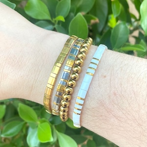 Gold Plated Miyuki Tila stretch bracelet boho Japanese glass tile stackable minimalist