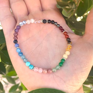 Rainbow Chakra Bracelet Crystal Stretch 7 chakra dainty 4mm - hormonal, energy, spiritual Balance - yoga - meditation -  Lava oil diffuser