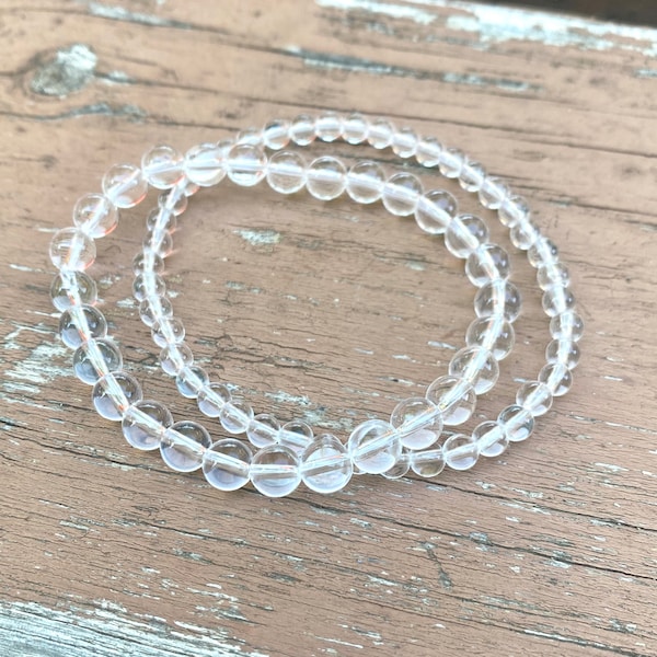 Clear Quartz Stretch Bracelet 4mm 6mm beads- Clarity - healing - Gemstone Beaded - Bracelet cracked clear thin stackable