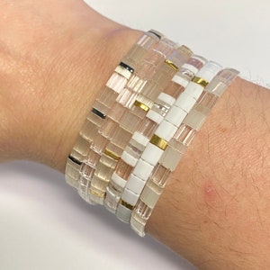 Miyuki Tila Clear White bracelet boho Japanese glass tile stackable minimalist