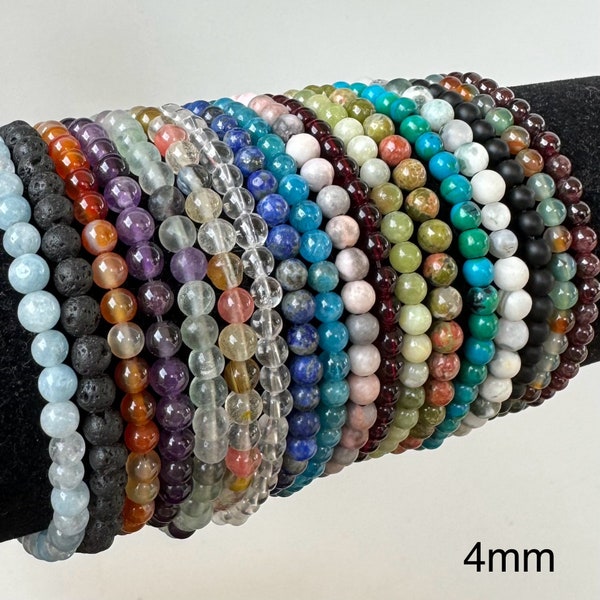 Natural Stone Stretch Bracelet 4mm  - Healing Gemstone Beaded - thin stackable USA