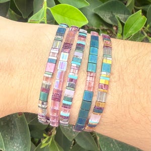 Miyuki Tila purple teal bracelet boho Japanese glass tile stackable minimal