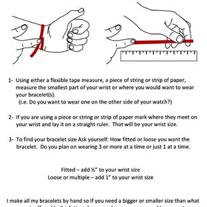 May include: A guide on how to measure your wrist for a bracelet. The guide shows a hand with a measuring tape around the wrist and a ruler with a red line marking the wrist size. The text explains how to measure your wrist using a tape measure, string, or paper and how to determine the correct bracelet size based on how fitted or loose you want it.