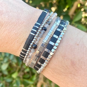 Silver Plated Miyuki Tila stretch bracelet boho Japanese glass tile stackable minimalist