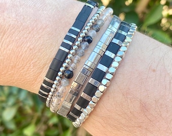 Silver Plated Miyuki Tila stretch bracelet boho Japanese glass tile stackable minimalist