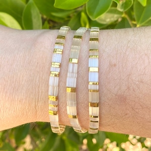 Gold Clear Miyuki Tila stretch bracelet boho Japanese glass tile stackable minimalist