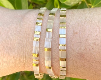 Gold Clear Miyuki Tila stretch bracelet boho Japanese glass tile stackable minimalist
