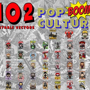 Puede incluir: Una colección de 102 ilustraciones vectoriales editables con personajes de la cultura pop. El texto "POP CULTURE" está en azul y amarillo, con "BOOM!" en amarillo. El fondo es un collage de páginas de cómics.