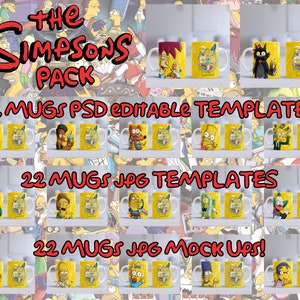 Op de afbeelding: Een verzameling gele koffiemokken met personages uit The Simpsons. De mokken hebben verschillende ontwerpen, waaronder afbeeldingen van Bart, Homer en andere personages. Tekst op de afbeelding luidt "The Simpsons Pack" en "22 Mugs PSD editable templates".