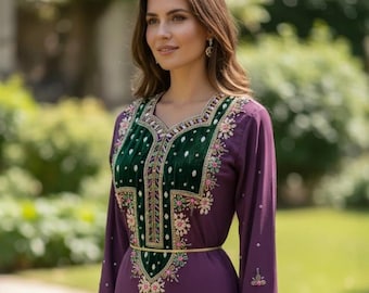 Kaftan geborduurde jurk met kralen, Arabisch verfraaide abaya, Dubai hijab kaftan voor dames