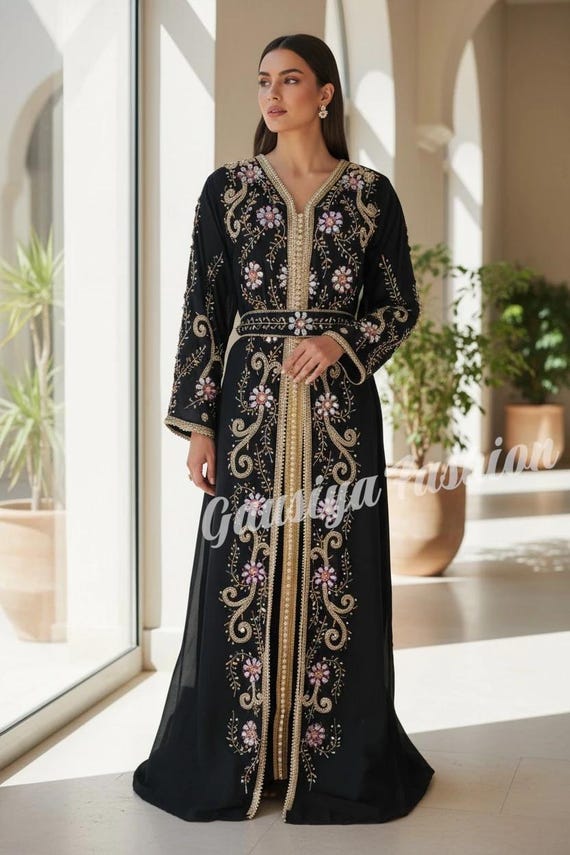 open lace back dress Moroccan Party Wear Kaftan with Gold Embroidery, Moroccan Style, Georgette Fabric, Red Color, Handmade, Silver Embroidered Red / 2XL