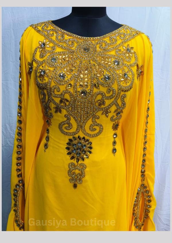 Yellow Royal beading Abaya flower Stylish Hand made Dubai Kaftan Party wear Wedding Arabic Gown Maxi Dress Mermaid Gold Applique design
