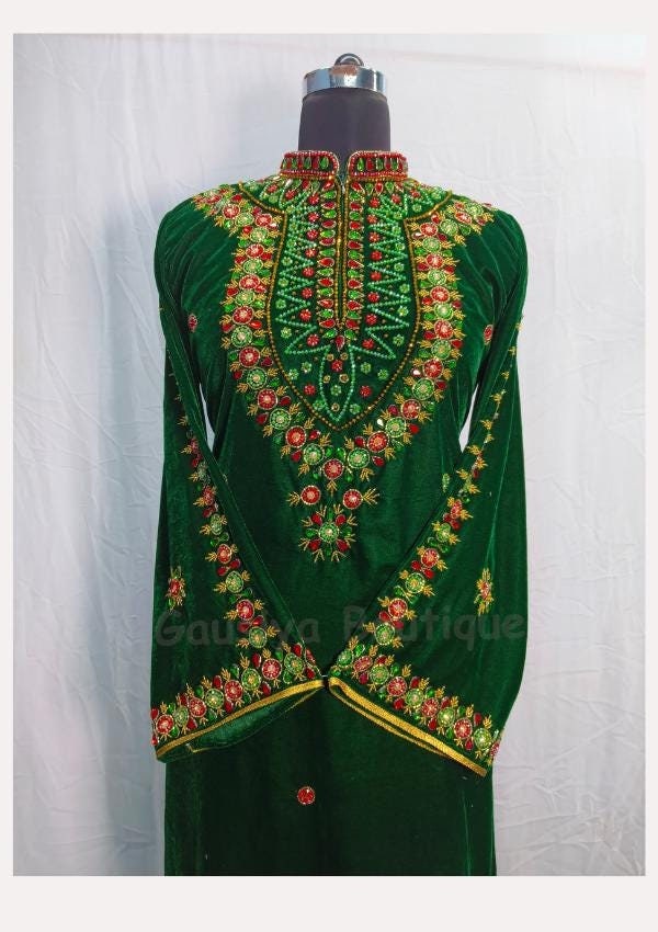 green emerald velvet dress Designer Wedding Dress Crystal Embroidered Kaftan in Dark Green Velvet –  Maxim Creation main image 1