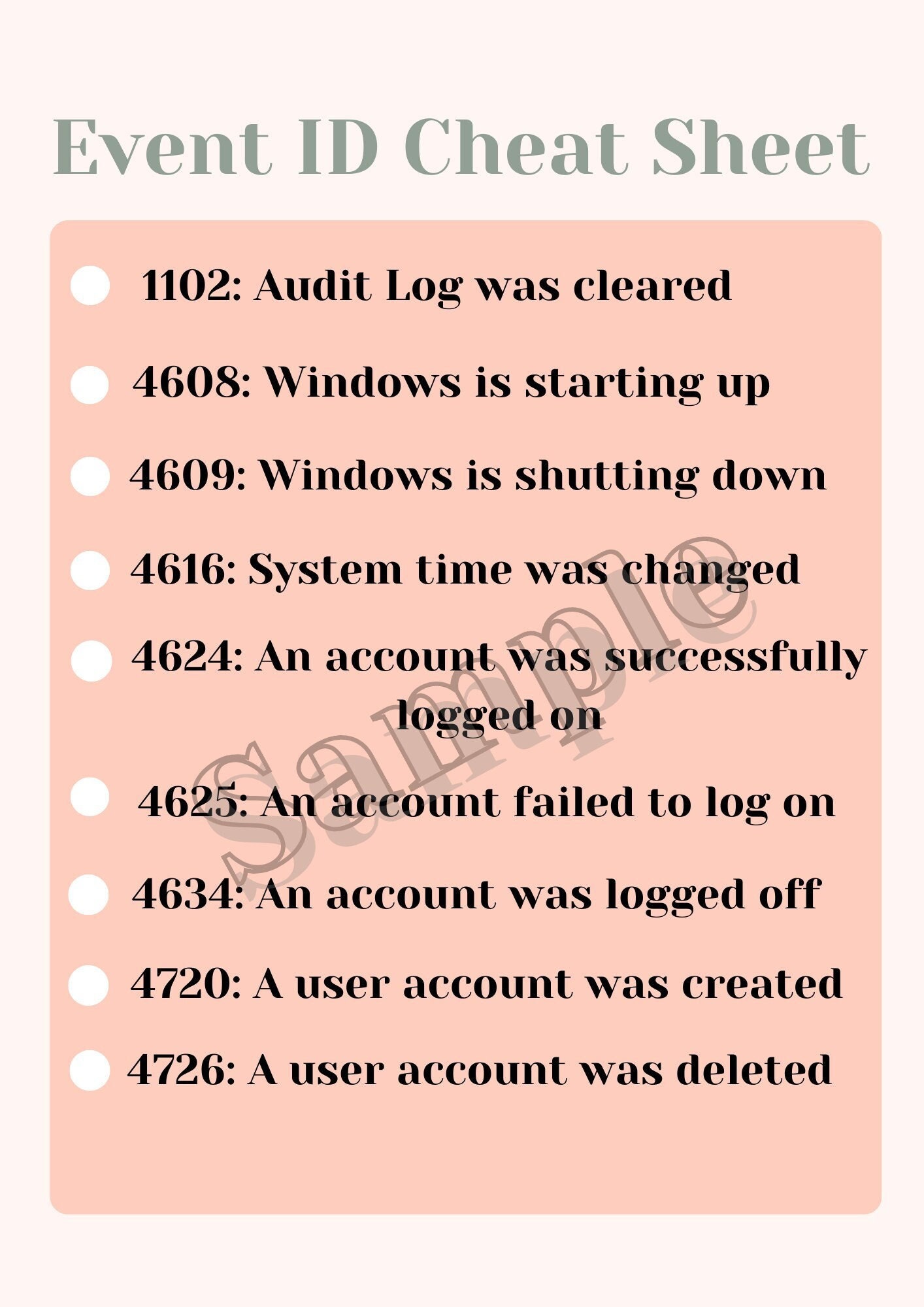 Windows Security Event ID Cheatsheet Digital Download Etsy