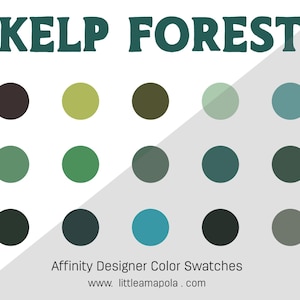 Könnte beinhalten: Eine digitale Farbpalette mit 12 Farbfeldern in Grüntönen, Blautönen und Brauntönen. Die Palette trägt den Titel "Kelp Forest" und enthält die Website-Adresse "www.littleamapola.com".