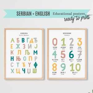 Poster con alfabeto cirillico serbo e numeri / Stampe didattiche per bambini in serbo/inglese / Poster di apprendimento del serbo per bambini / Impara il serbo