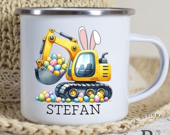 Personalised Easter Excavator Mug with Name, Construction Mug, Custom Easter Hot Chocolate Enamel Mug, Kids Cup, Easter mug for boys