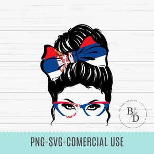 May include: A digital illustration of a woman with a messy bun hairstyle. The bun is decorated with a bow in the colors of the Serbian flag. The woman is wearing glasses with the Serbian flag design on the lenses. The image includes the text "Biljana Designs" and "B&D".
