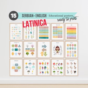 May include: Fifteen framed educational posters with Serbian and English text, including the alphabet, numbers, shapes, and weather. The word "LATINICA" is in red. The phrase "ready to print" is in a script font.