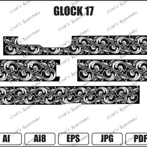 May include: A black and white digital design featuring a decorative pattern of swirls and scrolls. The design is labeled "GLOCK 17" and includes file formats AI, A18, EPS, JPG, and PDF.