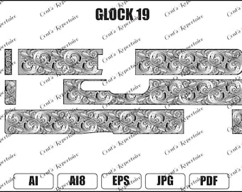 Glock 19 con motivo a volute per diapositiva, file laser a fibra, download digitale, AI8, SVG, EPS,