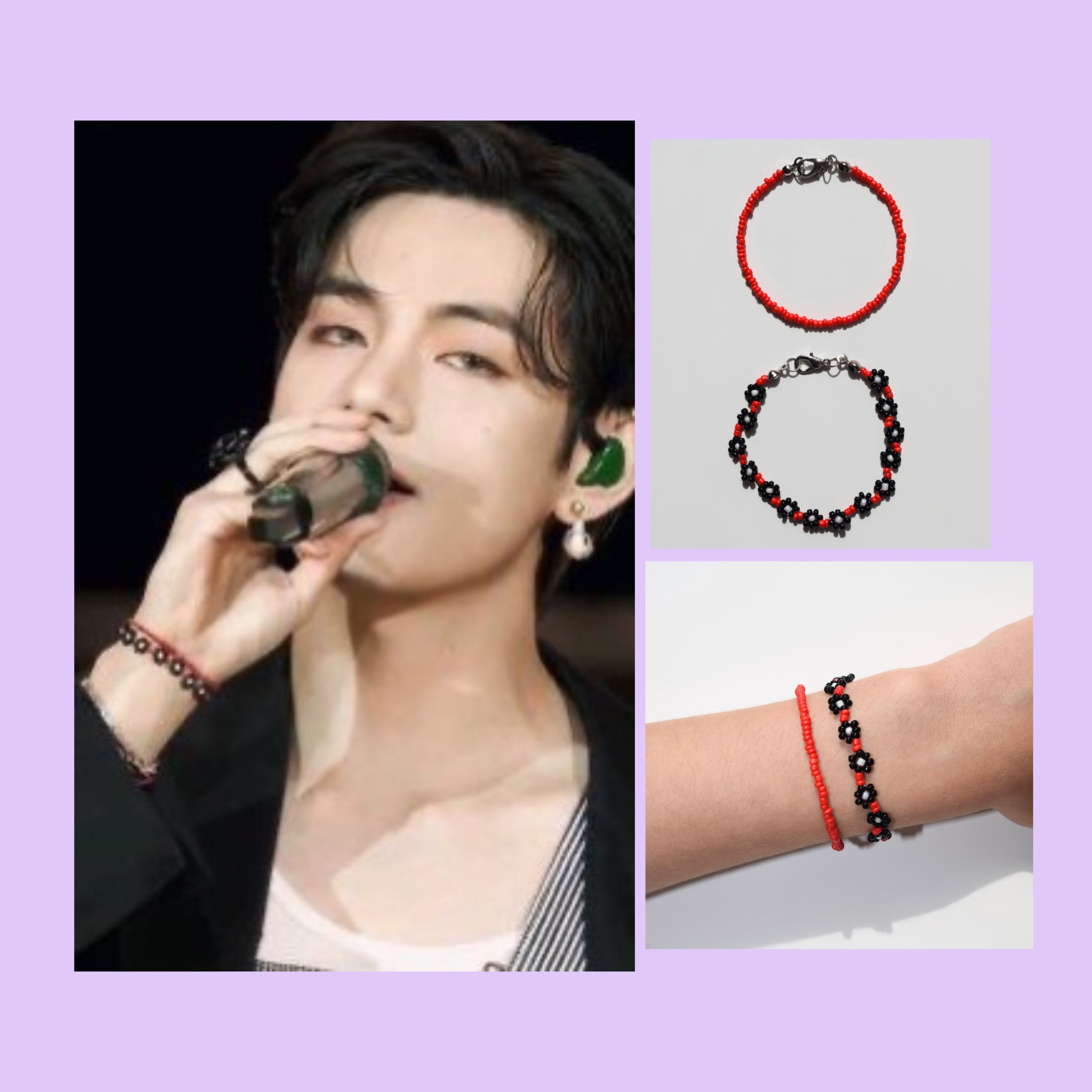 BTS V Bracelet Grey Beaded With Green Lettered Taehyung 