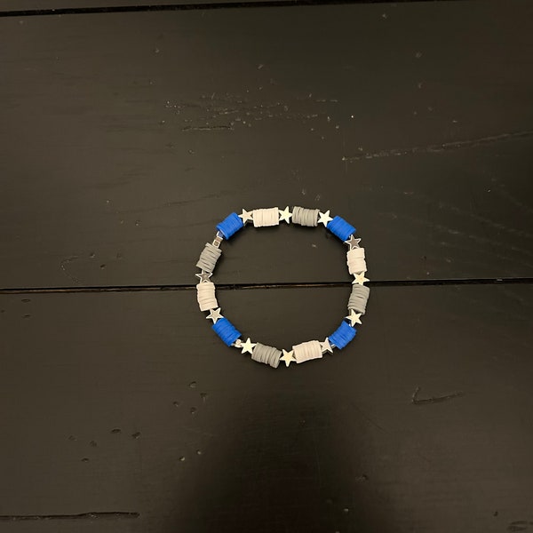 blue, white, and grey clay bead bracelet!