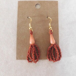 Beaded Dangle Earrings with 3 Loops, Seed Bead Earrings - Rust Brown and Terra Cotta Teardrop