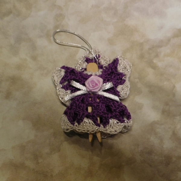 Small Wooden Clothespin Angel - Purple with White/Silver Metallic