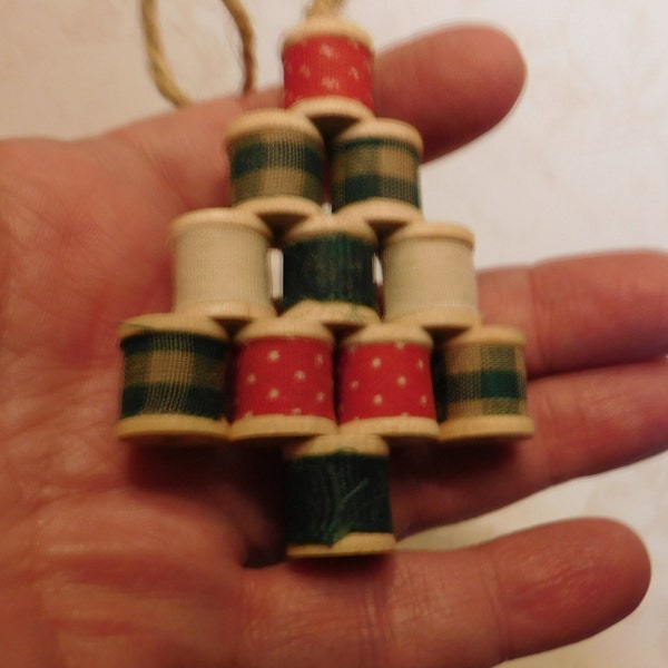 Wood Spool Tree Christmas Ornament - Green Check, Red Dotted, Cream & Green