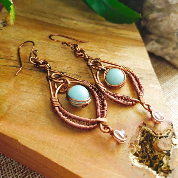 Amazonite bead elegance, antiqued copper earrings with clear quartz dangle.