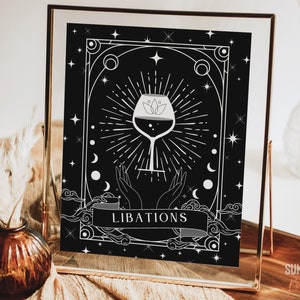Plantilla de signo de libaciones / signo de bebida de boda, menú de bar, boda de tarot, signo de boda, boda celestial, boda gótica, boda de brujas,