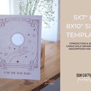 May include: A light pink sign template with a celestial design, featuring a hand reaching towards a glowing orb. Text includes "October 25, 2025" and "For the New Baby." The sign is available in 5x7" and 8x10" sizes.