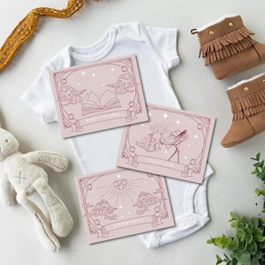Tarot babyshower bijlage kaartsjabloon bundel |  Luierloterij, boeken voor baby, bedankkaart, Halloween, Celestial Baby, roze tarot