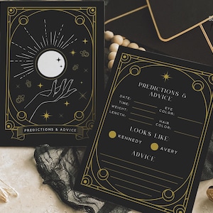 Plantilla de juego de predicciones y consejos para baby shower, baby shower de tarot, bebé celestial, bebé de Halloween, juegos de baby shower, consejos para bebé, tarot 3